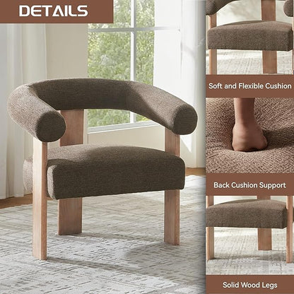 VKNOW Accent Chair Living Room Chair, Modern Upholstered Arm Chair with Solid Wood Legs, Comfy Barrel Accent Chair for Living Room, Bedroom, Brown