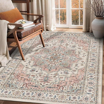 3x5 Vintage Distressed Area Rugs for Indoor Entrance Stain Resistant Washable Entryway Rug Ultra Soft Low Pile Lightweight Carpet Faux Wool Rugs for Living Room Bedroom Playroom Home Office