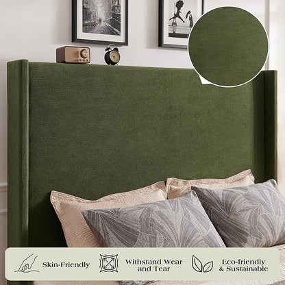 King Bed Frame with 65" Tall Headboard, Horizontal Fine Corduroy Bed Frame with Wingback, Upholstered Platform Bed, Vintage Solid Wood Gourd Legs, No Box Spring Needed, Green