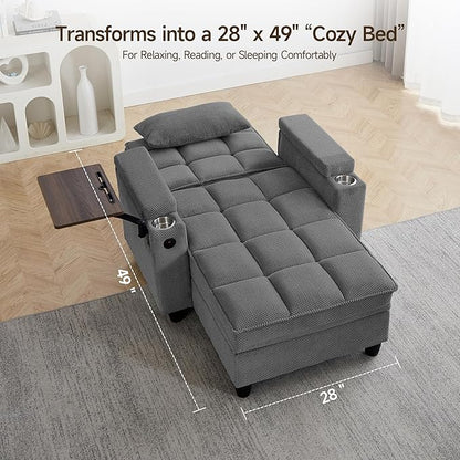 41.7" Chaise Lounge Chair Indoor, Oversized Boucle Upholstered Sofa Bed, Adjustable Backrest Deep Seat Reading Chair, Sofas Couches for Living Room with Storage, Cup Holders & 360° Swivel Side Table