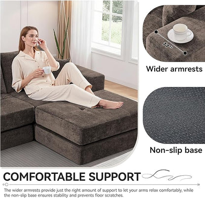 Boneless Sectional Loveseat Couch with Ottoman, Convertible Tufted Button Modular Floor Sleeper Sofa Bed, Comfy Foldable Compression Love Seat Sofa for Living Room, No Assembly, Brown