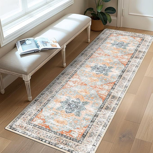 Runner Rug 2x10 Machine Washable Rug with Non-Slip Backing, Ideal for Kitchen Hallway Entryway Laundry Room - Vintage Floral, Durable, Easy Clean, Low Pile Carpet Runner Orange