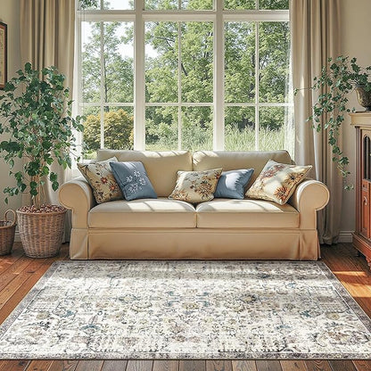 jinchan Kalen Area Rug 4x6 Washable Bedroom Rug Vintage Indoor Thin Floor Cover Retro Accent Mat Distressed Floral Country Boho Non Slip Carpet for Living Room Kitchen Dining Room Office Blue Multi