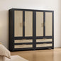 SICOTAS Larger Armoire Wardrobe Closet, 71" Tall Rattan Wardrobe Closet Cabinet with Storage and 2 Drawers, Boho Armoire Clothes Organizer with Hanging Rod for Bedroom, Black Oak (2 PCS)