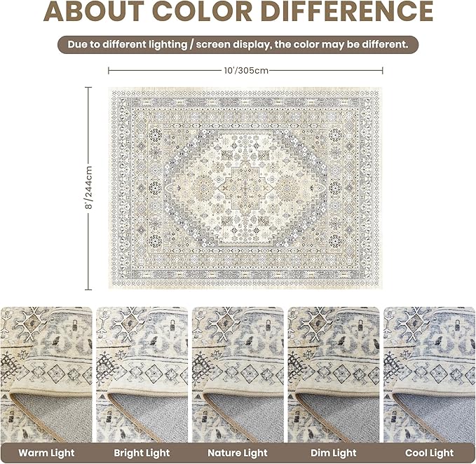 zesthome 8x10 Area Rugs for Living Room,Non-Slip Backing Washable Rugs,Vintage Large Area Rug，Stain Resistant Home Decor Rug (Beige,8'x10')