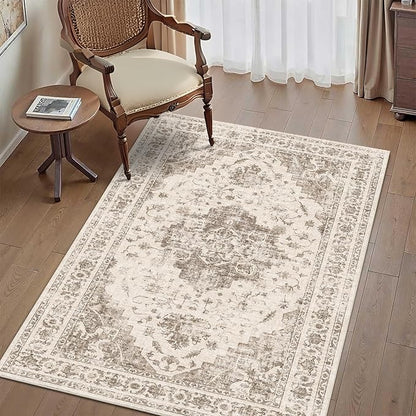 3x5 Vintage Washable Area Rugs Boho Medallion Large Distressed Retro Accent Carpet Floral Non-Slip Soft Low Pile Indoor Throw Rug for Living Room Bedroom Dining Room Office Kitchen, Taupe