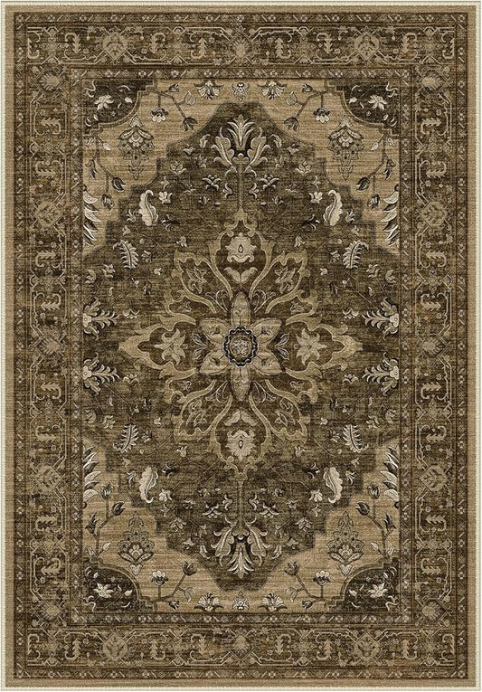Area Rugs Round 6ft Washable Non-Slip, Floral Vintage Distress Print Pattern Medallion Carpet for Living Room Bedroom Dining Room, Brown Dark Brown