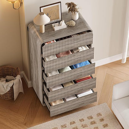 Tall Dresser for Bedroom with 5 Drawers, Fluted Chest of Drawers with Round Curved Corner, Hidden Handles, Modern Wood Storage Organizer for Bedroom, Nursery, Living Room