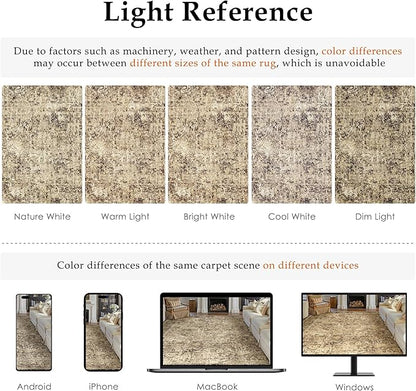 6x9 Area Rug Washable Vintage Neutral Living Room Carpet Large Indoor Non Slip Brown Bedroom Distressed Low Pile Retro Accent Throw Rug for Dining Room