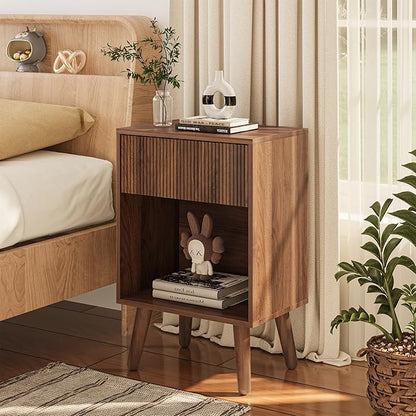 Nightstand, Modern Bedside Table with Storage Drawers and Open Wood Shelf, Night Stand with Solid Wood Legs, End Tables Side Tables for Living Room, Bedroom Walnut