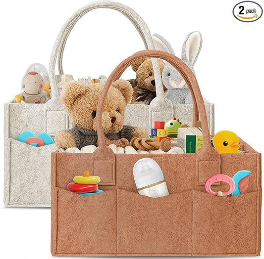 HIPHOP PANDA 2-Pack Diaper Caddy Organizer - Nursery Storage Bin & Car Organizer for Diapers, Wipes, and Baby Essentials - Dual-Color Solid Set (Caramel/Oatmeal), Large Size