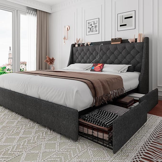 iPormis Full Size Bed Frame with 4 Storage Drawers, Upholstered Platform Bed Frame with Type-C & USB Ports, Wingback Storage Headboard, Solid Wood Slats, No Box Spring Needed, Dark Gray