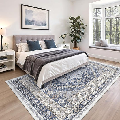zesthome 6x9 Area Rug, Super Soft Washable Rugs for Living Room, Non-Slip Stain Resistant Vintage Rugs, Ultra-Thin Large Area Rugs (Blue/Beige,6'x9')