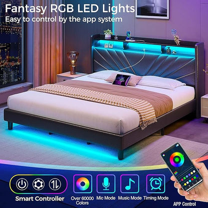 Rolanstar King Size Bed Frame, Storage Headboard with Charging Station and LED Lights, Upholstered Bed with Heavy Duty Wood Slats, No Box Spring Needed, Noise Free, Easy Assembly, Black