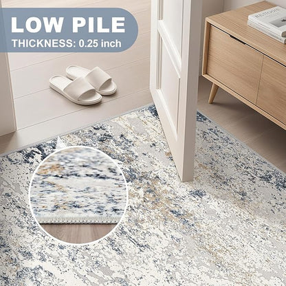 Washable Runner Rug for Hallway: 2.6x10 Neutral Modern Abstract Low Pile Area Rug with Non-Slip Backing - Carpet for Bedroom Kitchen Laundry Entryway Bathroom Indoor - Beige Blue