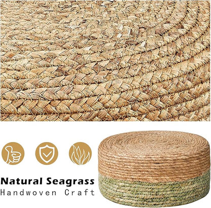 Wimarsbon Round Foot Stool Natural Seagrass Poufs Ottoman Hand Weave Footrest Stool for Couch Desk Extra Seat Step Stool with Solid Wood Legs for Hallway Patio Lounge Green