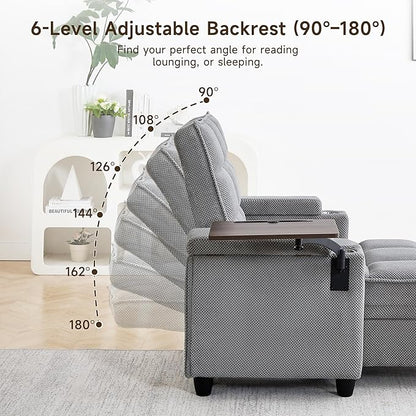 41.7" Chaise Lounge Chair Indoor, Oversized Boucle Upholstered Sofa Bed, Adjustable Backrest Deep Seat Reading Chair, Sofas Couches for Living Room with Storage, Cup Holders & 360° Swivel Side Table
