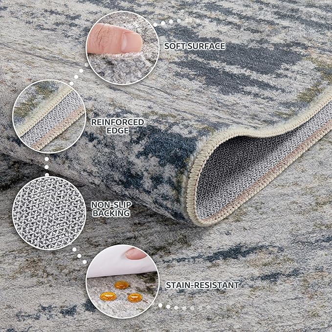 Area Rug Living Room Rugs - 8x10 Washable Large Soft Indoor Neutral Modern Abstract Low Pile Rug Carpet for Bedroom Dining Room Farmhouse Home Office - Blue/Grey/Brown