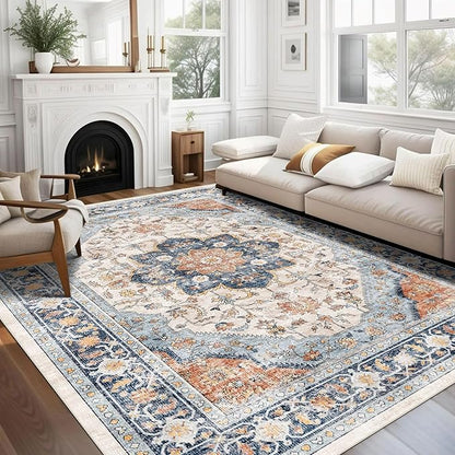 vivorug 6x9 Area Rugs, Ultra-Soft Washable Boho Rug for Living Room Dinner Room Bedroom, Non-Slip Vintage Floral Indoor Carpet Large Area Rug Orange/Navy