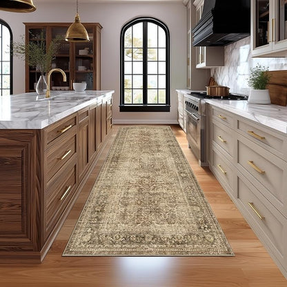 Fmfunctex 3x7 Runner Rug Brown Washable Vintage Neutral Distressed Non Slip Low Pile Indoor Carpet Soft Retro Floral Hallway Entryway Rug for Kitchen Living Room Bedroom Bathroom Laundry Entry Bedside