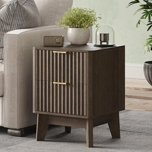 Fluted Nightstand,Modern End Table with Metal Handle,2 Storage Drawers Side Table,Bedside Table for Bedroom,Wood Nightstands,Curved Profile Design Furnitue,Walnut