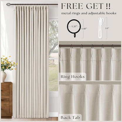 Pleated Cream Ivory 86 Inch Blackout Curtains for Living Dining Room 2 Panels Set Boho Farmhouse Pinch Pleat Natural Linen Black Out Bedroom Curtains Thermal Insulated Room Darkening 2 Layer Design
