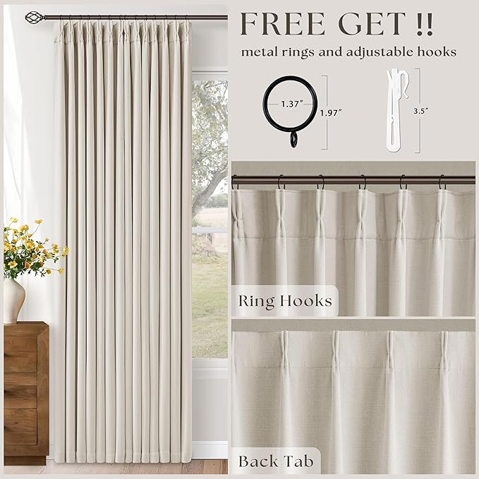 Extra Wide Blackout Curtains 70 x 108 Inches Long for Bedroom Living Room Neutral Farmhouse Pinch Pleated Double Layer Thick Linen Drapes Thermal Insulated with Back Tab for Large Windows 1 Panel