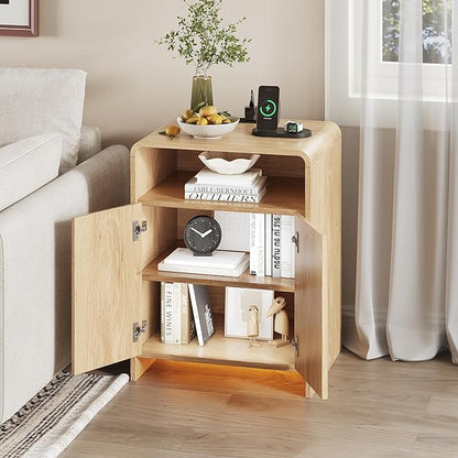 Nightstand with Charging Station and LED Lights, Night Stands with Adjustable Storage Cabinet, Modern Side Table with Fluted Doors and Open Storage, Bedside Table for Bedroom, Natural