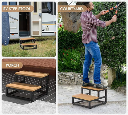 Y&M Two Step Stool for Adults Kids, Waterproof HPDE Bed Step Foot Stool with Adjustable Non-Slip Feet, Metal Frame Stepping for Kitchen Bathroom Bedroom Living Room, Indoor or Outdoor Use, Brown