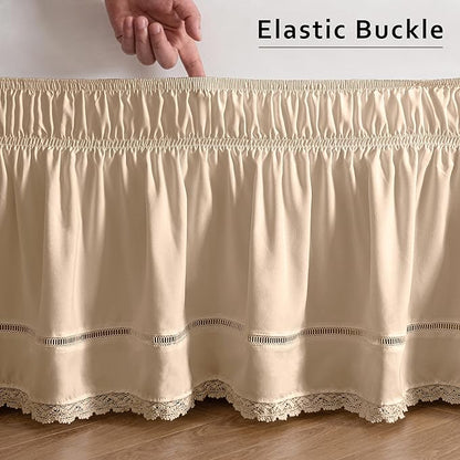 MIYE Wrap Around Ruffled Lace Bed Skirt, Elastic Dust Ruffle with Adjustable Belts, Easy to Put On, Bed Frame Cover, Machine Washable (Floral Lace/Beige, Full/Twin-12.5" Drop)