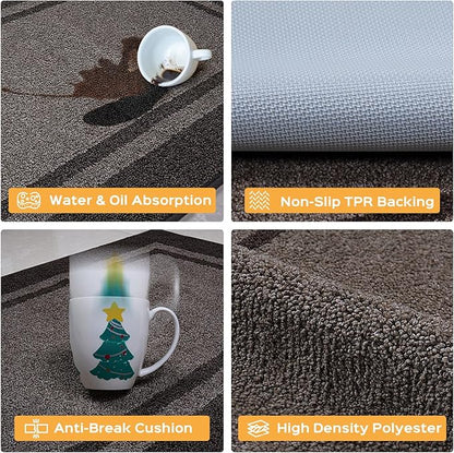 Kitchen Rugs Set (24" x 36"+24" x 60"), Non-Slip Machine Washable Kitchen Runner Rugs Floor Mats, Absorbent Comfort Standing Mat for Kitchen, Sink and Hallway, Rolled Packaging, Grayish Brown & Coffee