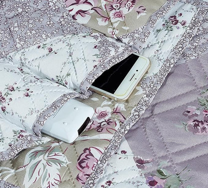 Brilliant Sunshine Lilac Rose Patchwork Couch Armrest 5 Pockets Organizer, Slip Resistant Recliner Armchair Caddy, Washable Remote Controls Holder, Storage for Magazine, Tablet, Phone, iPad, Lilac