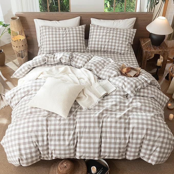 MooMee Gingham Duvet Cover Set 100% Washed Cotton Linen Like Textured Breathable Durable Soft Comfy Modern Checkered Design (Buffalo Plaid Tannish Linen Grey, Palatial King/Oversized King 120"x98")