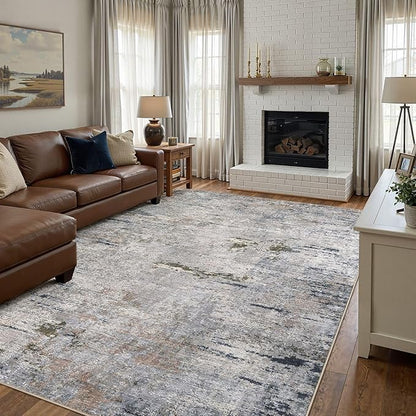 Area Rug Living Room Rugs - 6x9 Washable Large Soft Indoor Neutral Modern Abstract Low Pile Rug Carpet for Bedroom Dining Room Farmhouse Home Office - Blue/Grey/Brown