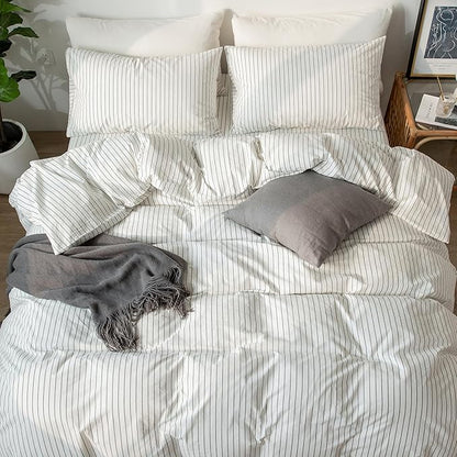 MooMee Striped Duvet Cover Set 100% Washed Cotton Linen Like Textured Breathable Durable Soft Comfy (White Dark Grey Wide Stripes, Palatial King/Oversized King 120"x98")
