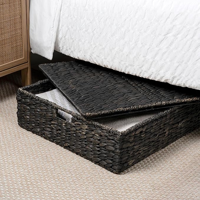 happimess BSK2015C Holden 30" Classic Costal Hand-Woven Hyacinth Wicker Under Bed Storage Basket with for Storage and Decoration in Bathroom, Bedroom, Closet, Entryway, Black