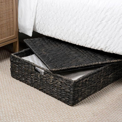 happimess BSK2015C Holden 30" Classic Costal Hand-Woven Hyacinth Wicker Under Bed Storage Basket with for Storage and Decoration in Bathroom, Bedroom, Closet, Entryway, Black