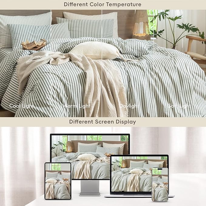 MooMee Striped Duvet Cover Set 100% Washed Cotton Linen Like Textured Breathable Durable Soft Comfy (Heathered Green Classic Stripes, Oversized King Plus 128"x120")