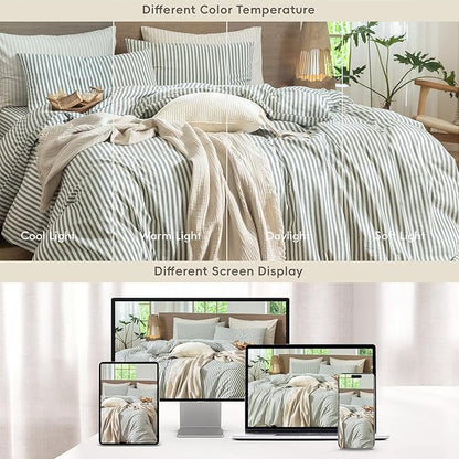 MooMee Striped Duvet Cover Set 100% Washed Cotton Linen Like Textured Breathable Durable Soft Comfy (Heathered Green Classic Stripes, Oversized Queen 98"x98")