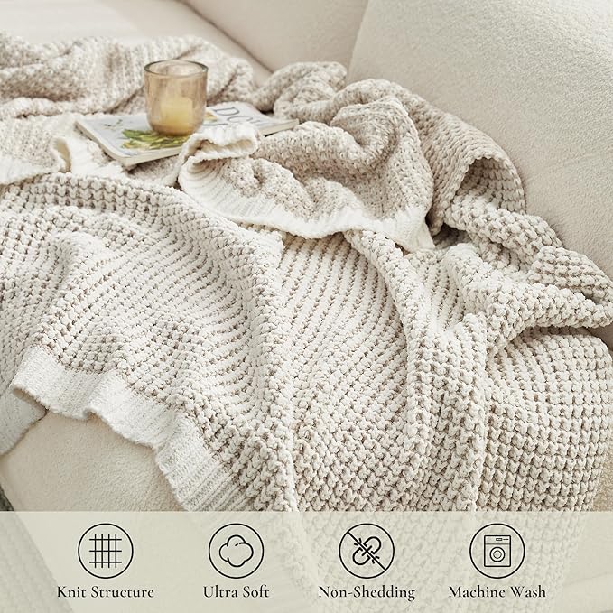 Amélie Home Waffle Chenille Throw Blanket for Couch, Pineapple Stitch Knit Soft Cozy Knit Blanket Decorative Throw for Sofa, Chair, 50"x60", Beige&Ivory