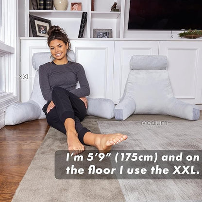 Husband Pillow XXL – Reading Pillow Bed Chair with Arms & Back Support – Light Grey - Back Pillow for Beds Sitting Up – Bed Rest Arm Pillow – Comfy Reading Pillow for Adults