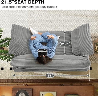 51" Loveseat Sleeper Sofa Bed, Corduroy Convertible Floor Sofa Bed for Small Spaces, Folding Couch Bed with Deep Seat, 2 Pillows & Solid Frame, Pull Out Floor Couch for Living Room, Grey