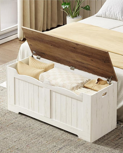 Hzuaneri 43.3" Storage Chest, Extra Large Storage Bench Trunk with 2 Hinges, Wooden Box, Lift-Top Chest Organizer, Shoe Bench for Entryway, Bedroom, Living Room, White and Brown SB25514X