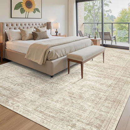 Area Rug 10x12 Vintage Washable Living Room Large Carpet Non Slip Bedroom Indoor Office Dining Room Low Pile Thin Rug Beige