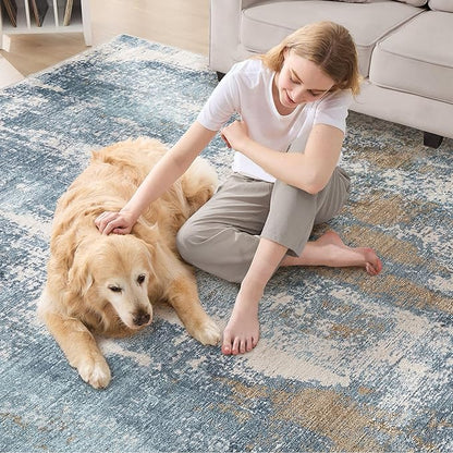Area Rug Living Room Rugs - 9x12 Washable Large Soft Indoor Neutral Modern Abstract Low Pile Rug Carpet for Bedroom Dining Room Farmhouse Home Office - Blue Brown