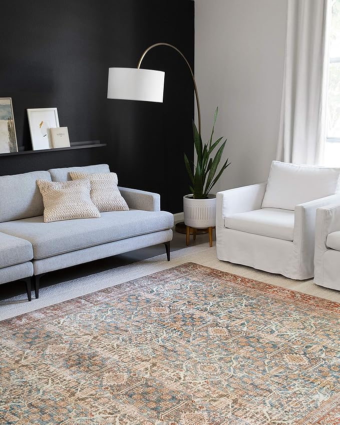 Loloi Layla Collection LAY-04 Ocean/Rust 9'-0" x 12'-0" .13" Thick Area Rug, Soft, Durable, Vintage Inspired, Distressed, Low Pile, Non-Shedding, Easy Clean, Printed, Living Room Rug