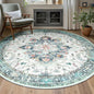 Area Rugs 7ft Washable Non-Slip, Floral Vintage Distress Print Pattern Medallion Carpet for Living Room Bedroom Dining Room, Green Navy Blue White Red Teal Colorful