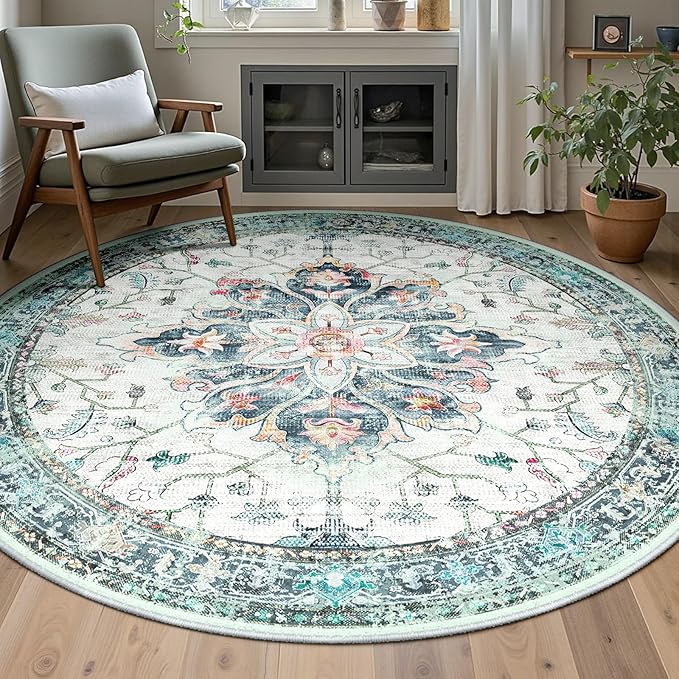 Area Rugs 5ft Washable Non-Slip, Floral Vintage Distress Print Pattern Medallion Carpet for Living Room Bedroom Dining Room, Green Navy Blue White Red Teal Colorful