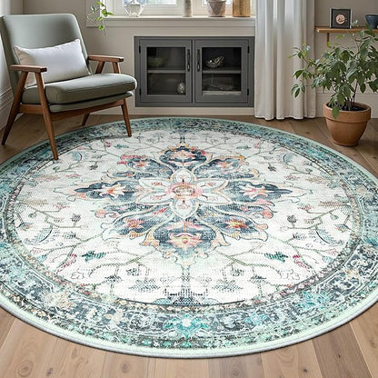 Area Rugs 6ft Washable Non-Slip, Floral Vintage Distress Print Pattern Medallion Carpet for Living Room Bedroom Dining Room, Green Navy Blue White Red Teal Colorful