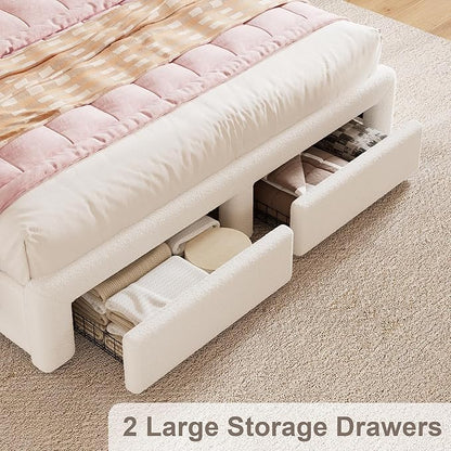 King LED Bed Frame with Storage Headboard & Charging Station, Kids Bed Frames with Bookcase, Teddy Fleece Upholstered Platform Bed Frames with 2 Storage Drawers, Noise Freed, Beige